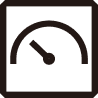 A simple black icon showing a speedometer gauge with its needle pointing to the left inside a square frame.