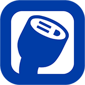 Blue icon on a white background showing a stylized electric vehicle charging plug.