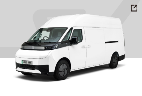 A white electric cargo van with a high roof and dark, modern trim, shown in a three-quarter view against a gray background.