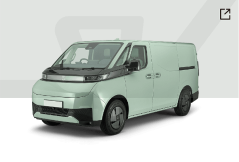 A light green electric commercial cargo van parked against a plain white background.