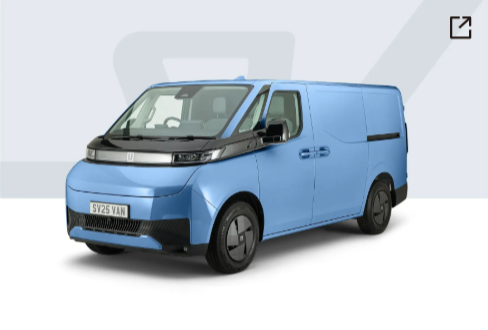 A light blue electric commercial cargo van angled to the left against a plain white background.