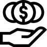 A black and white line-art icon of a hand holding several coins, each marked with a dollar sign.