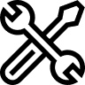 A black, stylized icon showing a crossed wrench and screwdriver, representing maintenance, repairs, or settings.