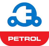 A blue icon of an electrical plug shaped like a car above the word PETROL in white text on a red background.