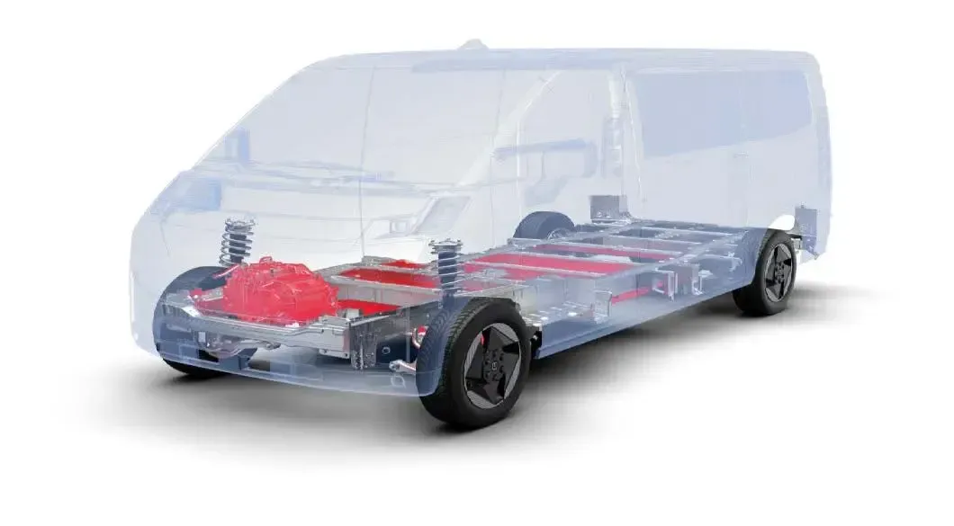 X-ray view of a van showing its electric powertrain, including the red-highlighted battery pack and motor components.