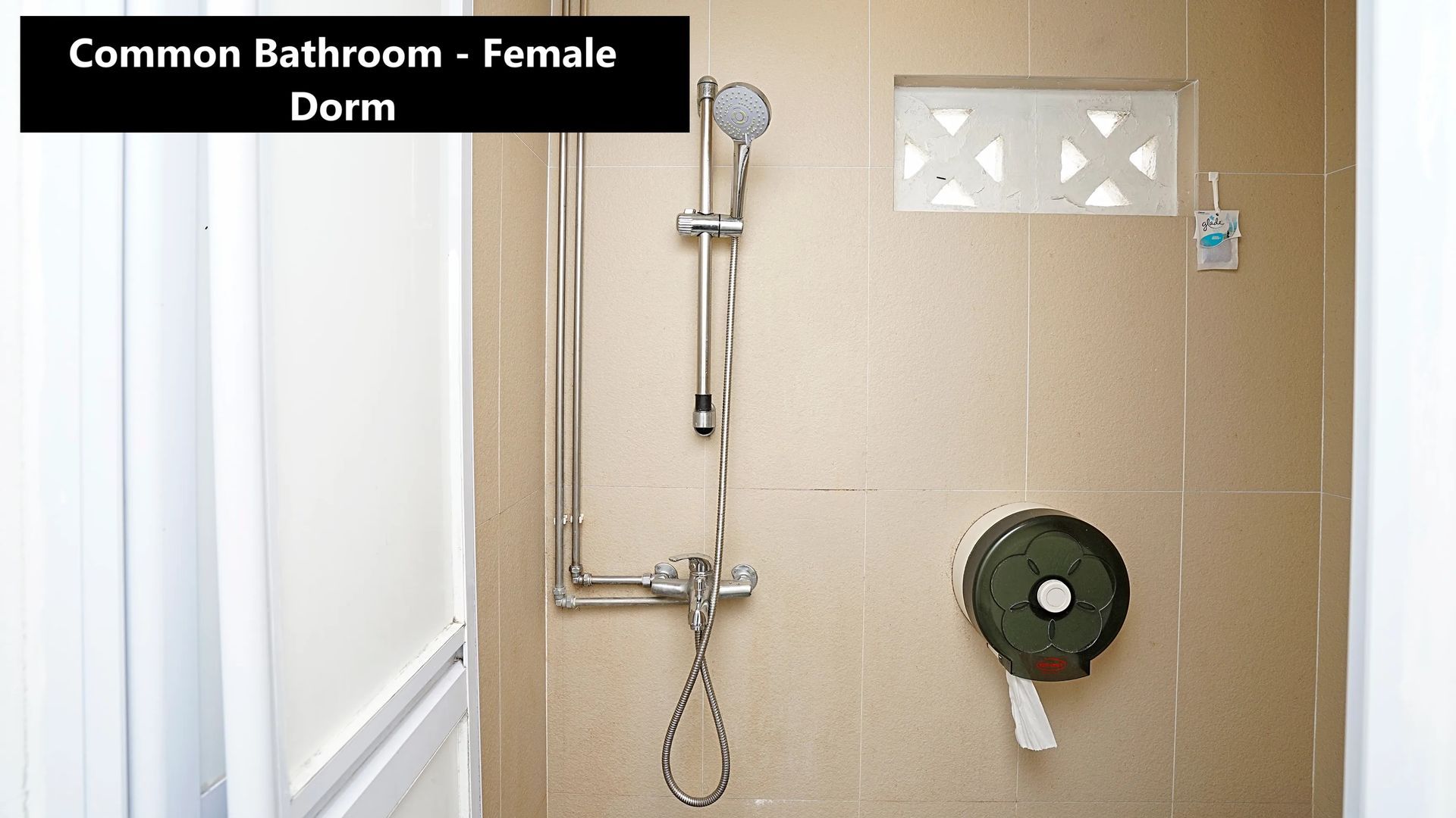 A bathroom with a shower and a toilet paper dispenser