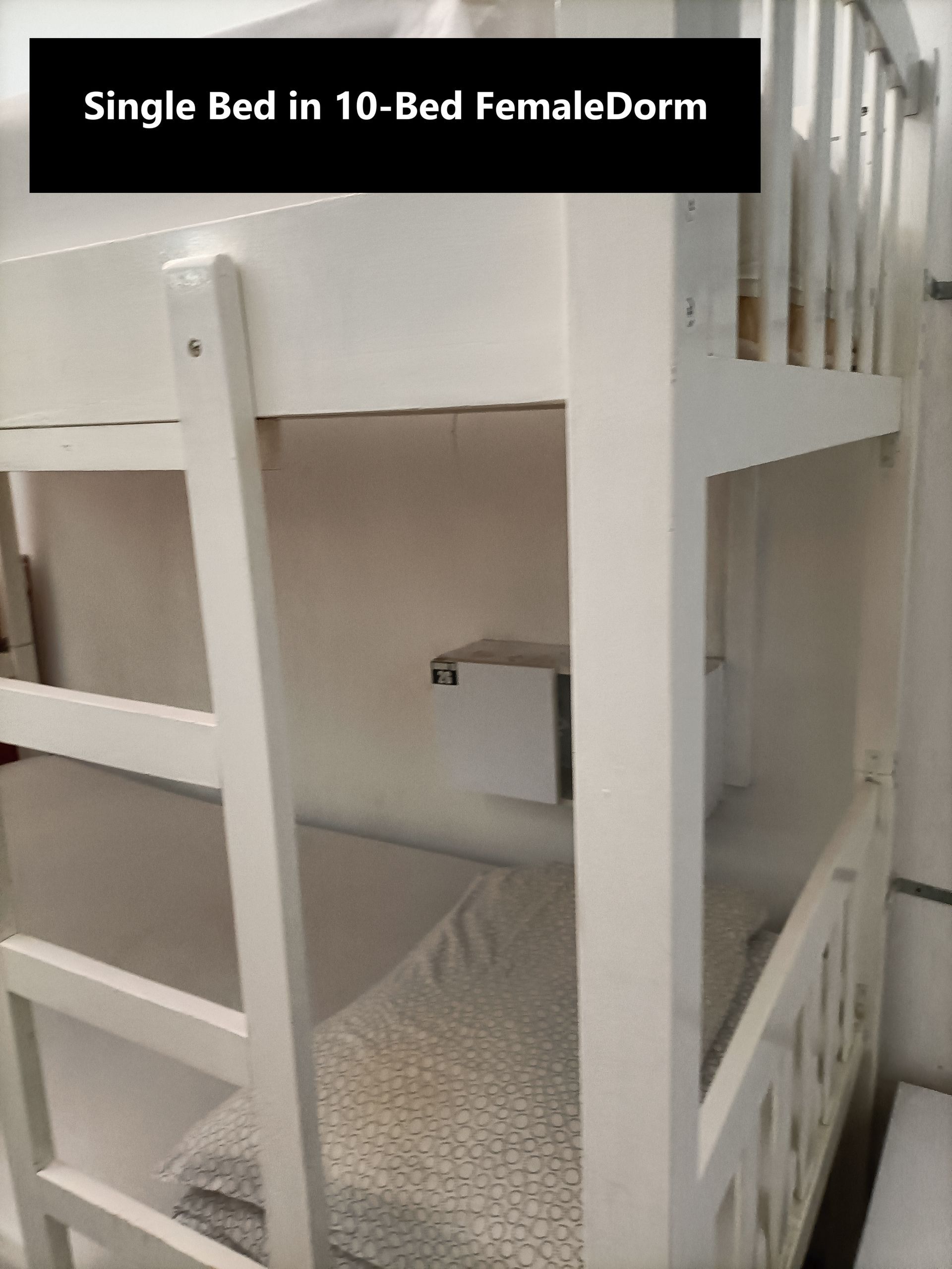 A single bed in a 10 bed female dorm