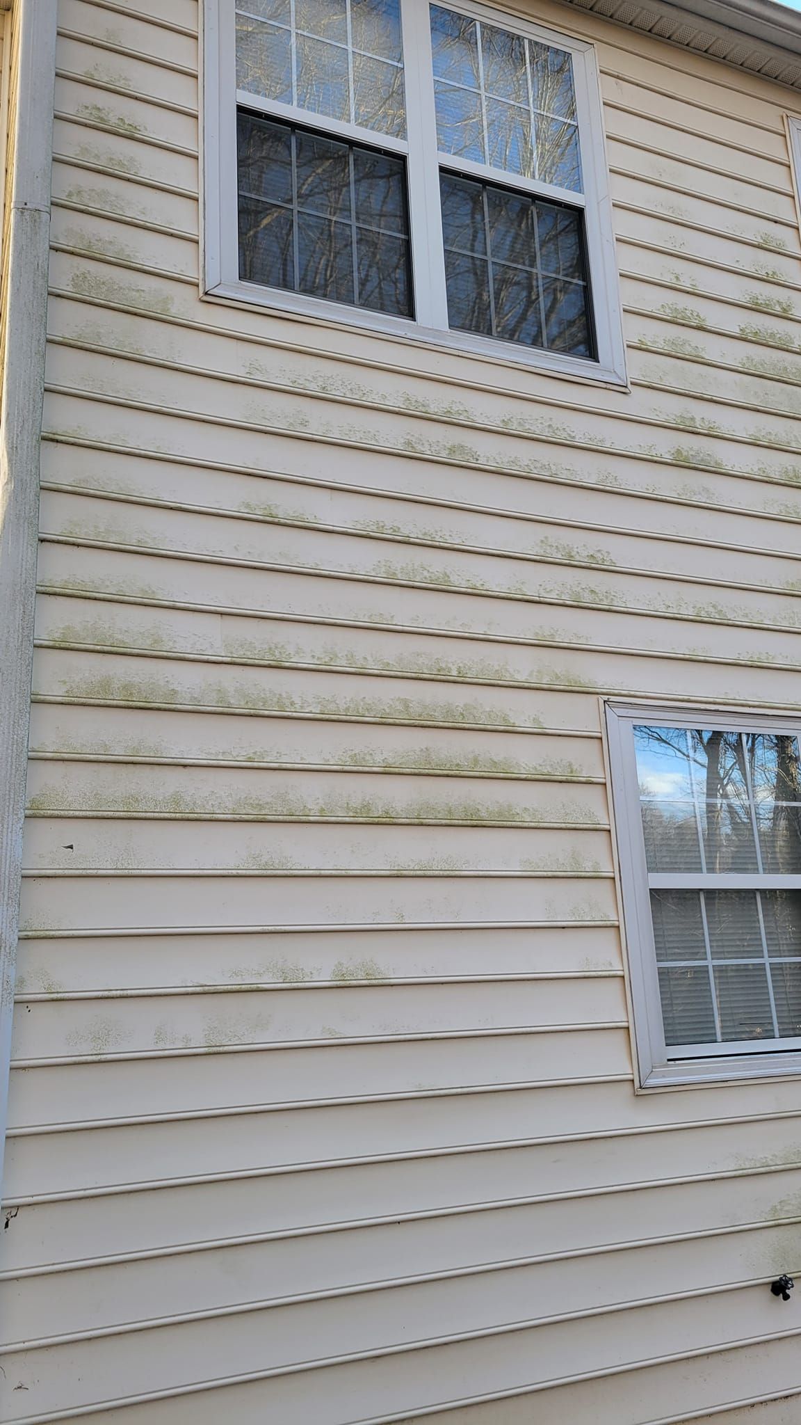 A white house with a lot of peeling siding and a window.