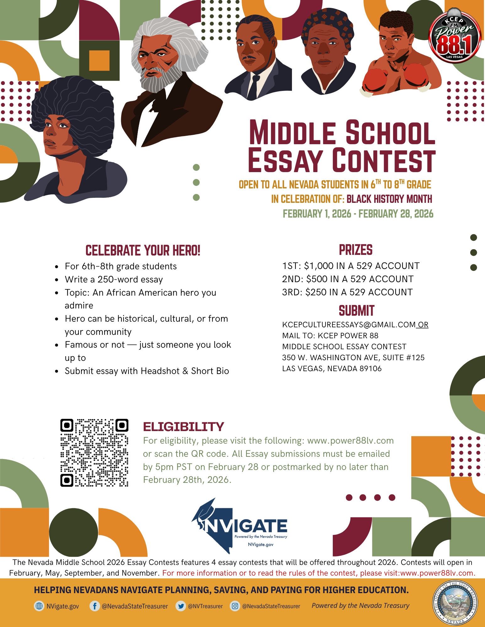 Flyer for a middle school essay contest open to Nevada students in grades 6-8, themed 