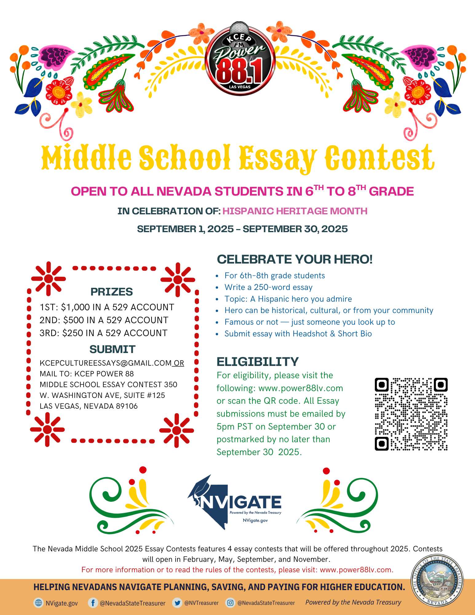 Flyer for a middle school essay contest open to Nevada students in grades 6-8, themed 