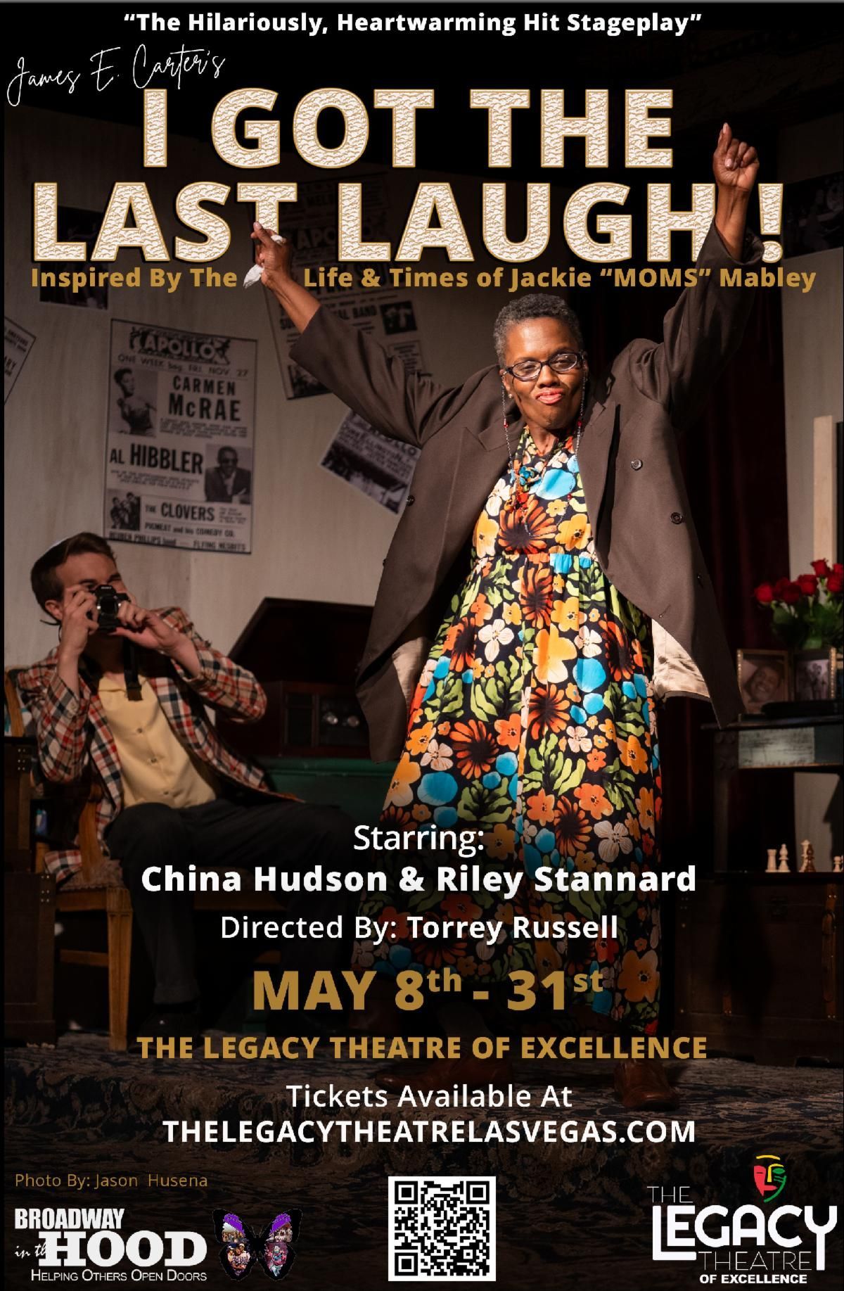 Theater poster for “I Got the Last Laugh!” with two performers on stage and bold gold-and-white text.