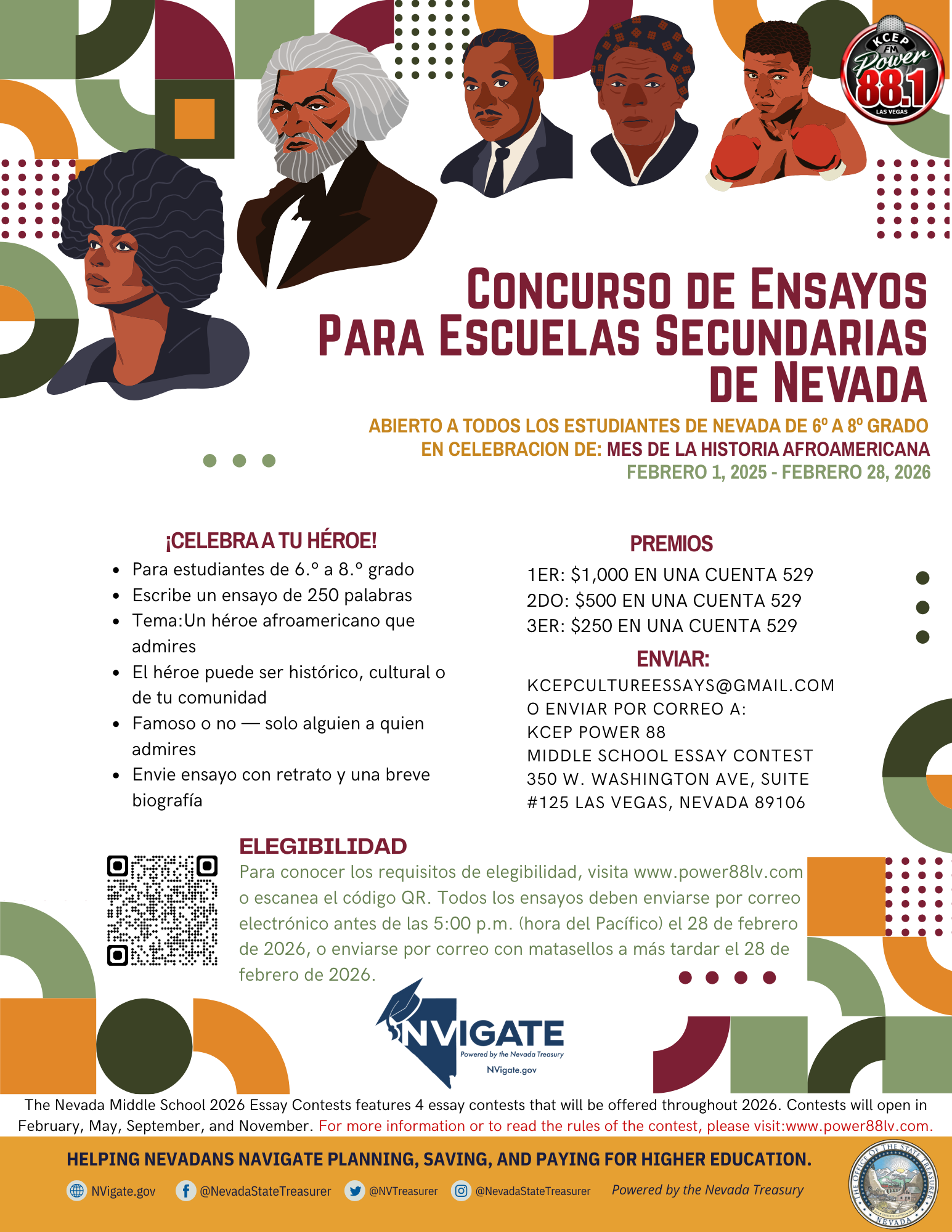 Flyer for an essay contest for Nevada middle school students. Features text, and colorful floral decorations.