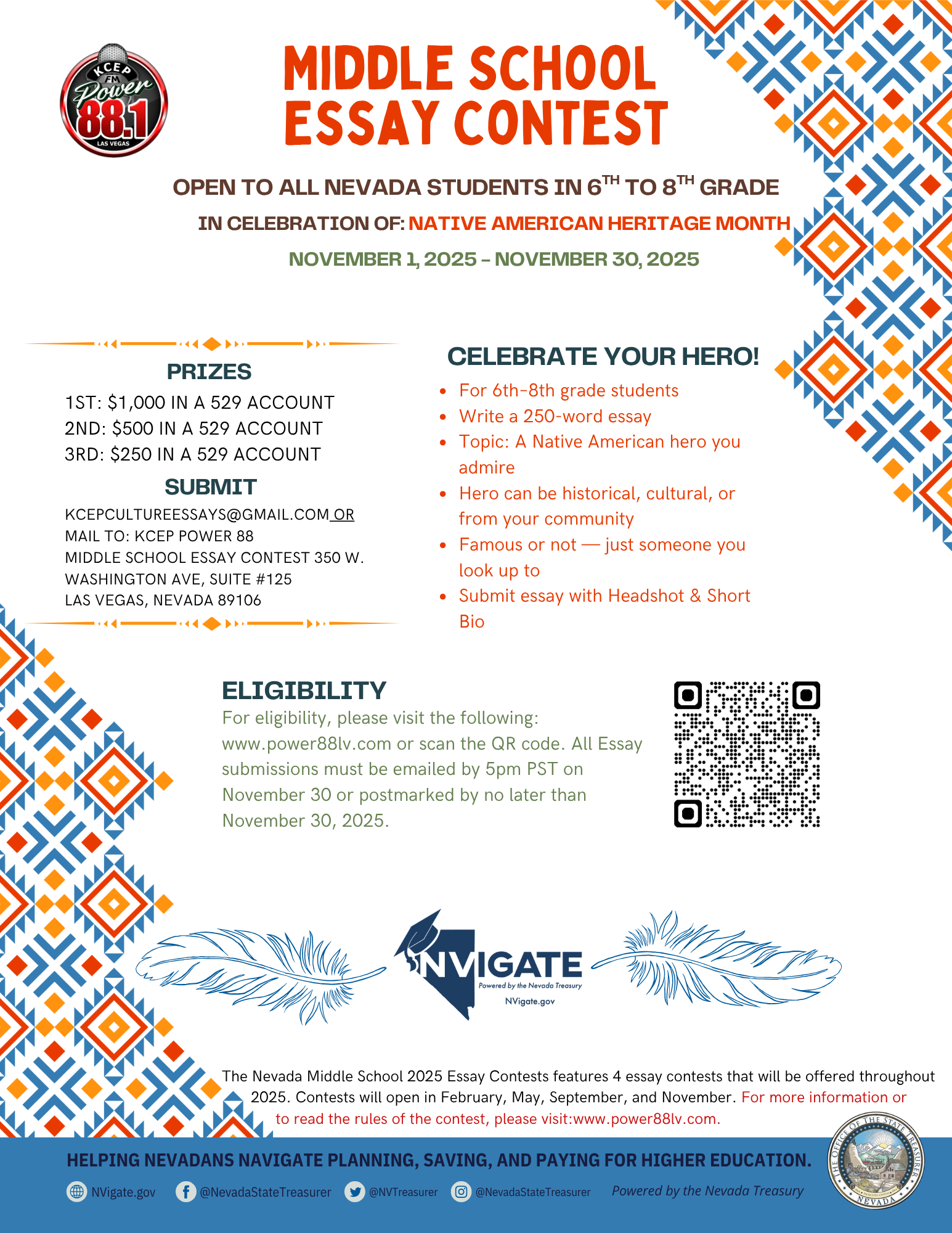 Flyer for a middle school essay contest open to Nevada students in grades 6-8, themed