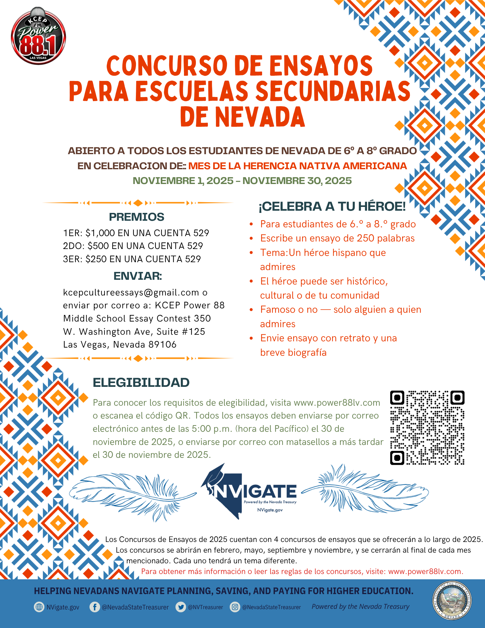 Flyer for an essay contest for Nevada middle school students. Features text, and colorful floral decorations.