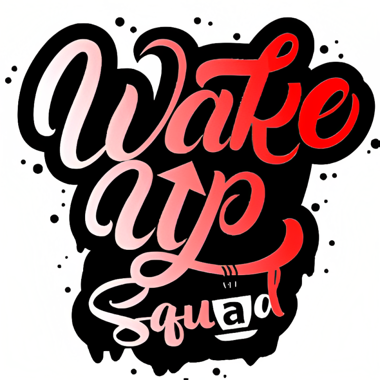 A black and red logo that says wake up squad