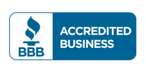 The bbb logo is blue and white and says accredited business.