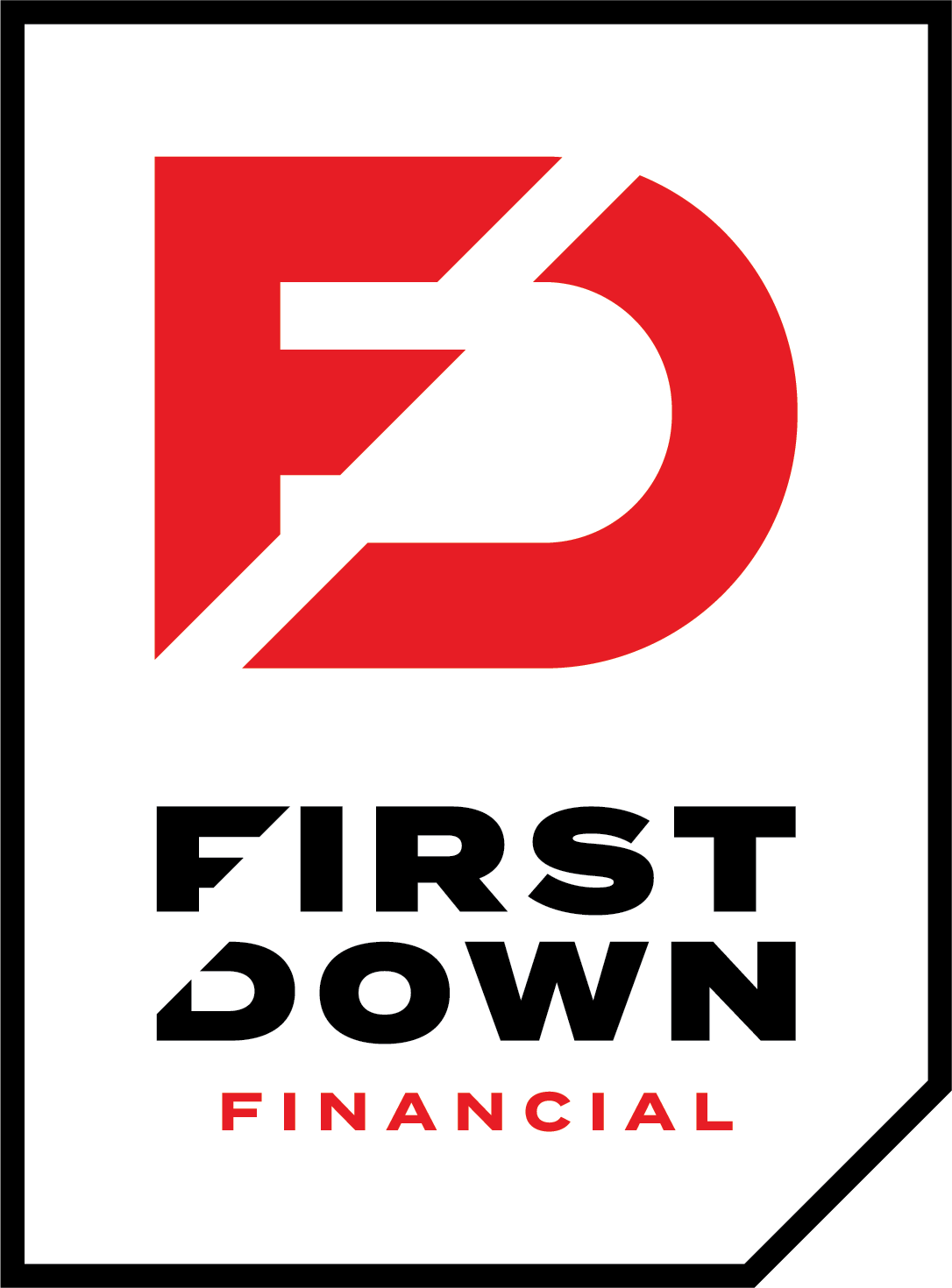A logo for first down financial with a red arrow