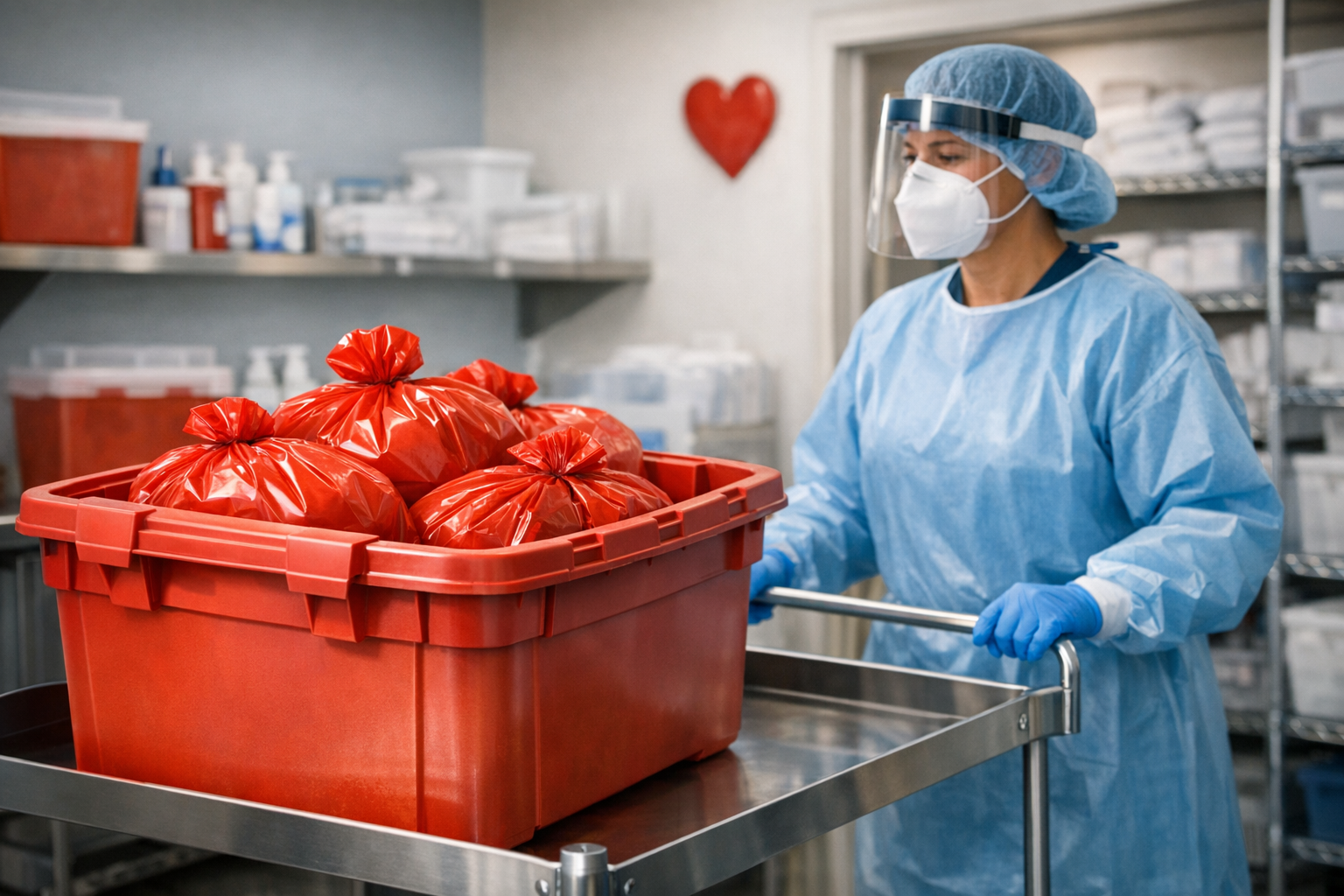 Person in medical PPE pushing a cart with red bags of medical waste in a storage room.