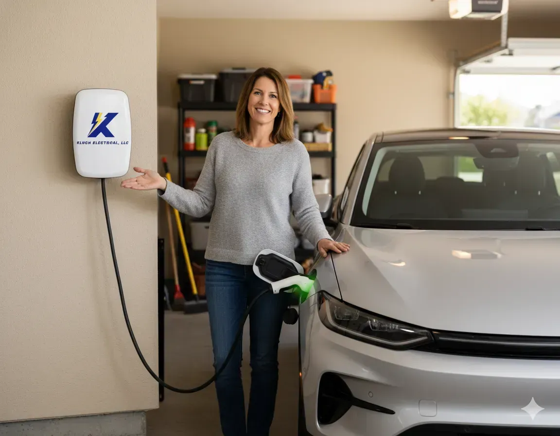 Satisfied Greensboro homeowner with new EV charger installation by Kluch Electrical