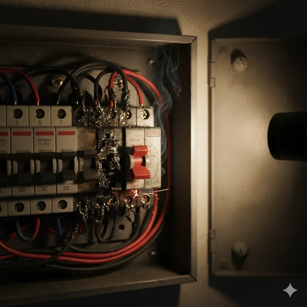Damaged electrical panel showing signs of overload