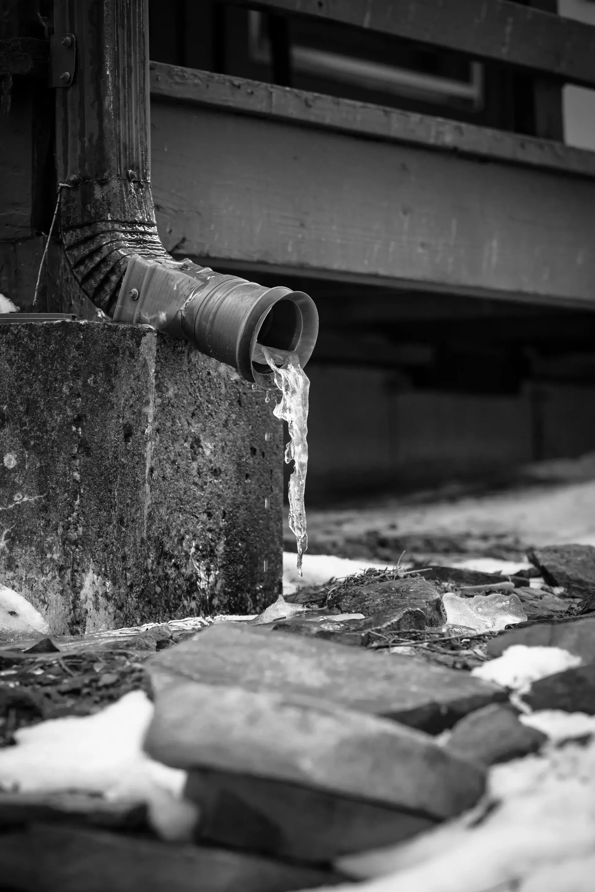 Black and white image of a downspout with ice hanging from it, near concrete and snow.