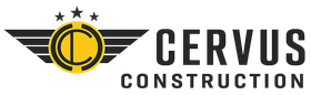 Logo for Cervus Construction, featuring a yellow letter "C" in a circle with wings and three stars above, text to the right.