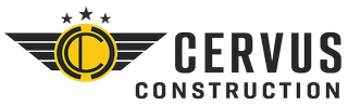 Logo for Cervus Construction, featuring a yellow letter "C" in a circle with wings and three stars above, text to the right.