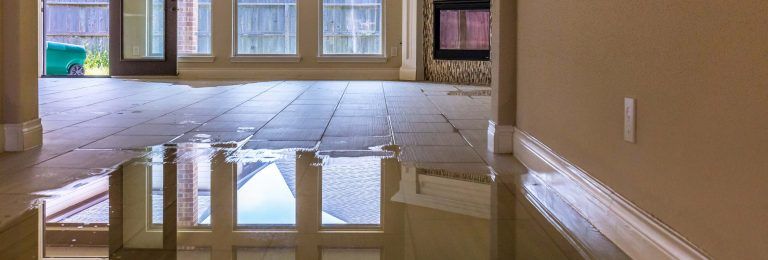 Water pooling on a tiled floor inside a house, reflecting light and windows.