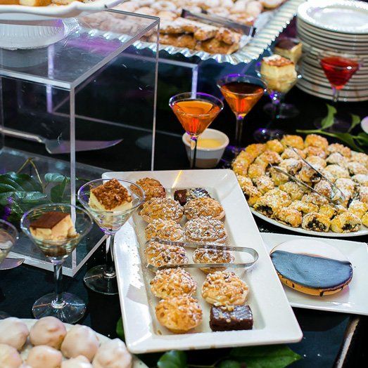 a spread of desserts and drinks in Marina Del Rey's banquet hall
