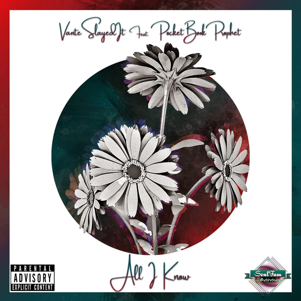 Album art: Black and white daisies inside a teal circle, framed in red and green. 
