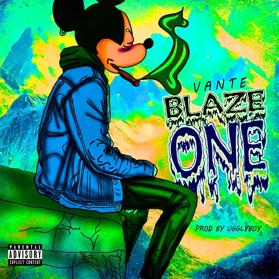 Mickey Mouse smoking, exhaling green smoke. 