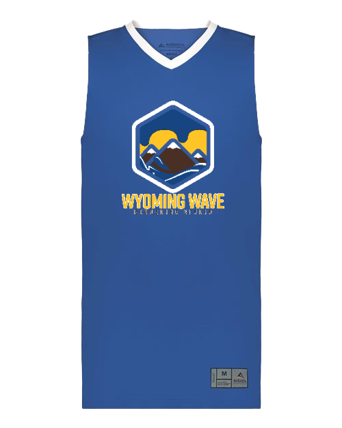 Blue Wyoming Wave basketball jersey with mountain logo.