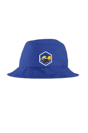 Blue bucket hat with a logo of a beaver on it.