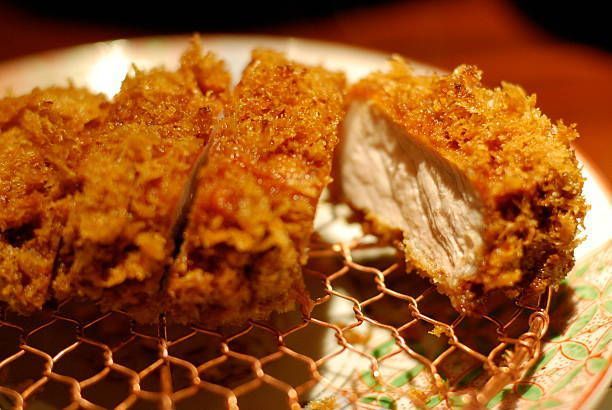 A close up of a piece of fried meat on a plate.