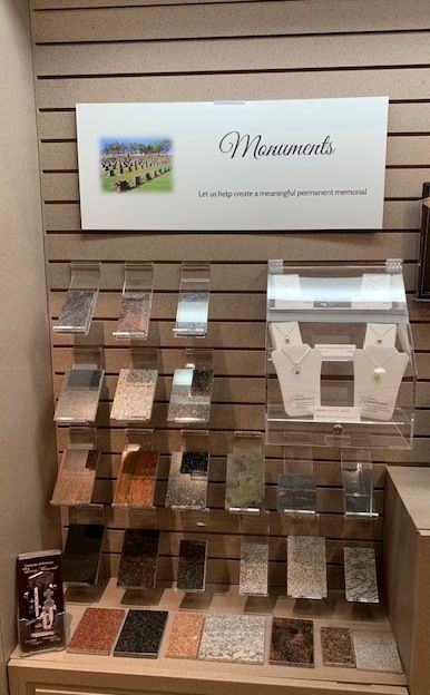 A display of different types of granite and marble in a store.