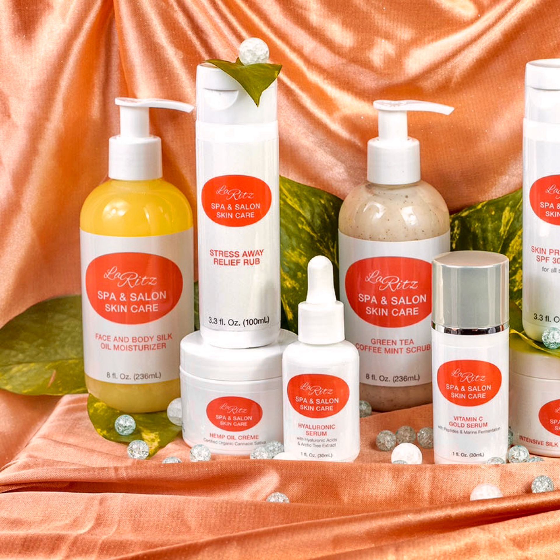 Several bottles of spa & salon skin care products on a table