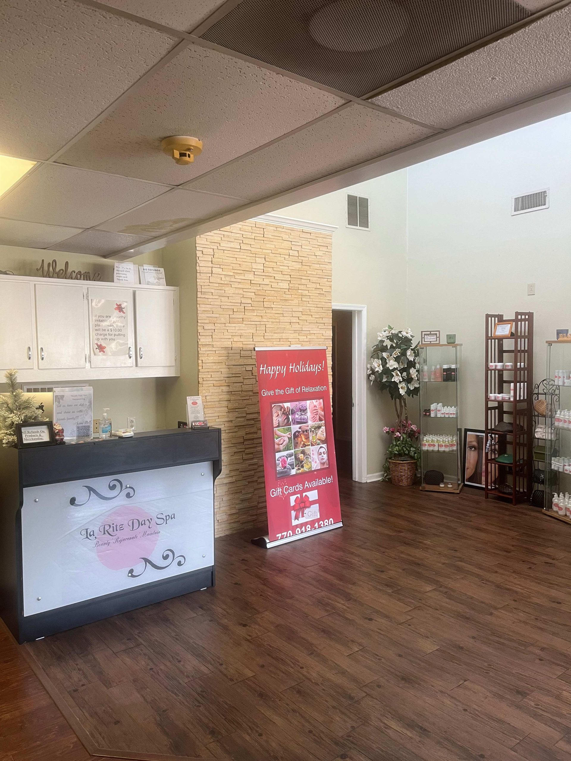 There is a red sign in the middle of the room.