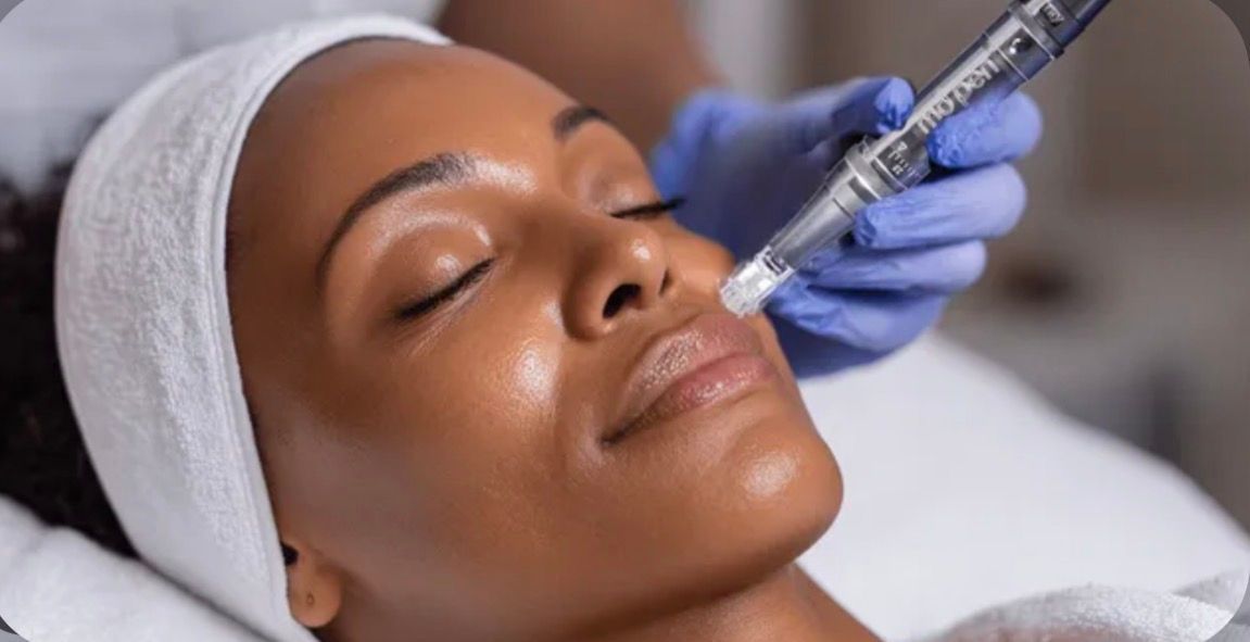 A woman is getting a microdermabrasion treatment on her face