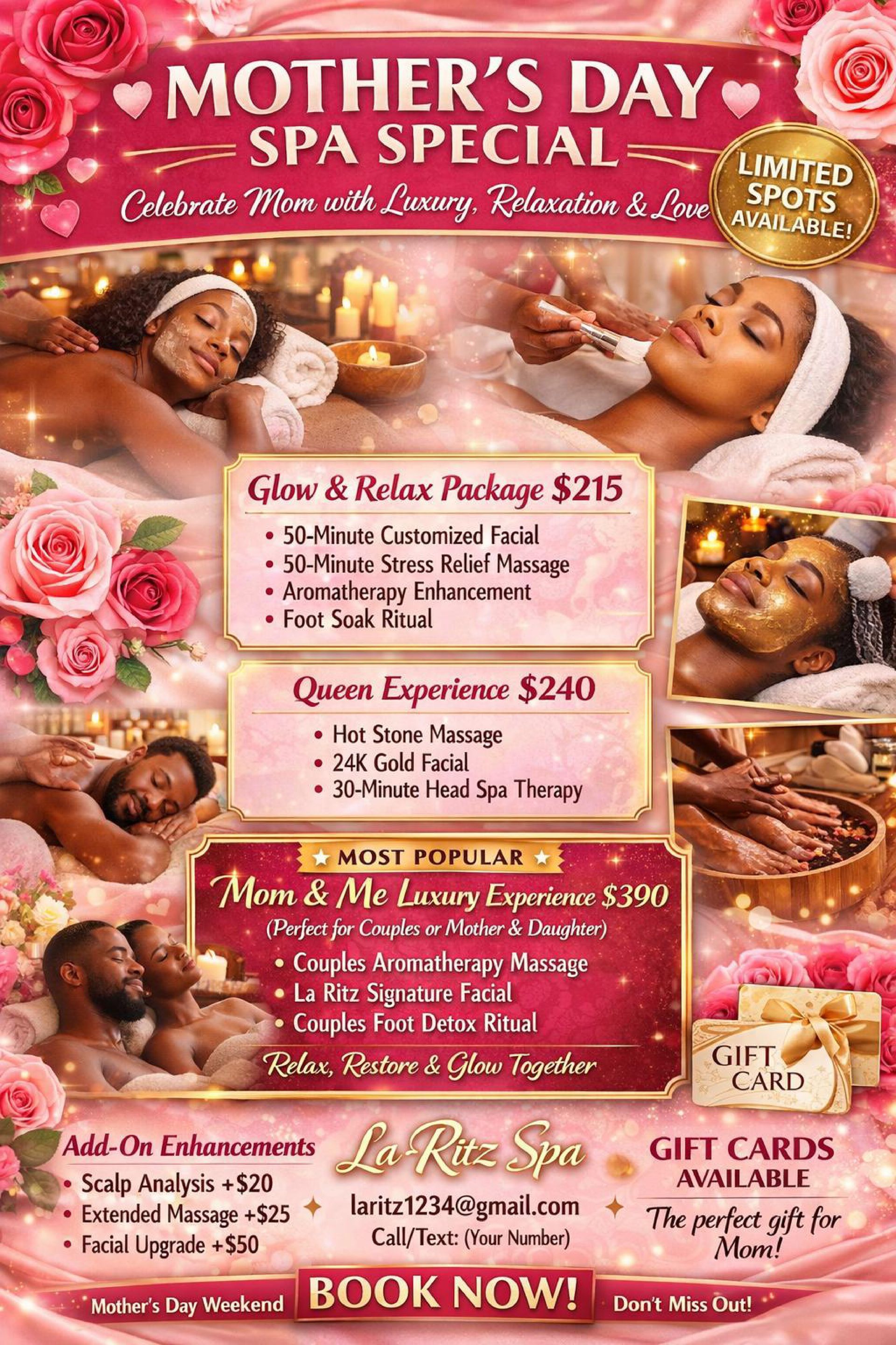 Mother’s Day Spa special promotional flyer featuring massage and facial packages at Le Rue Spa with booking information.