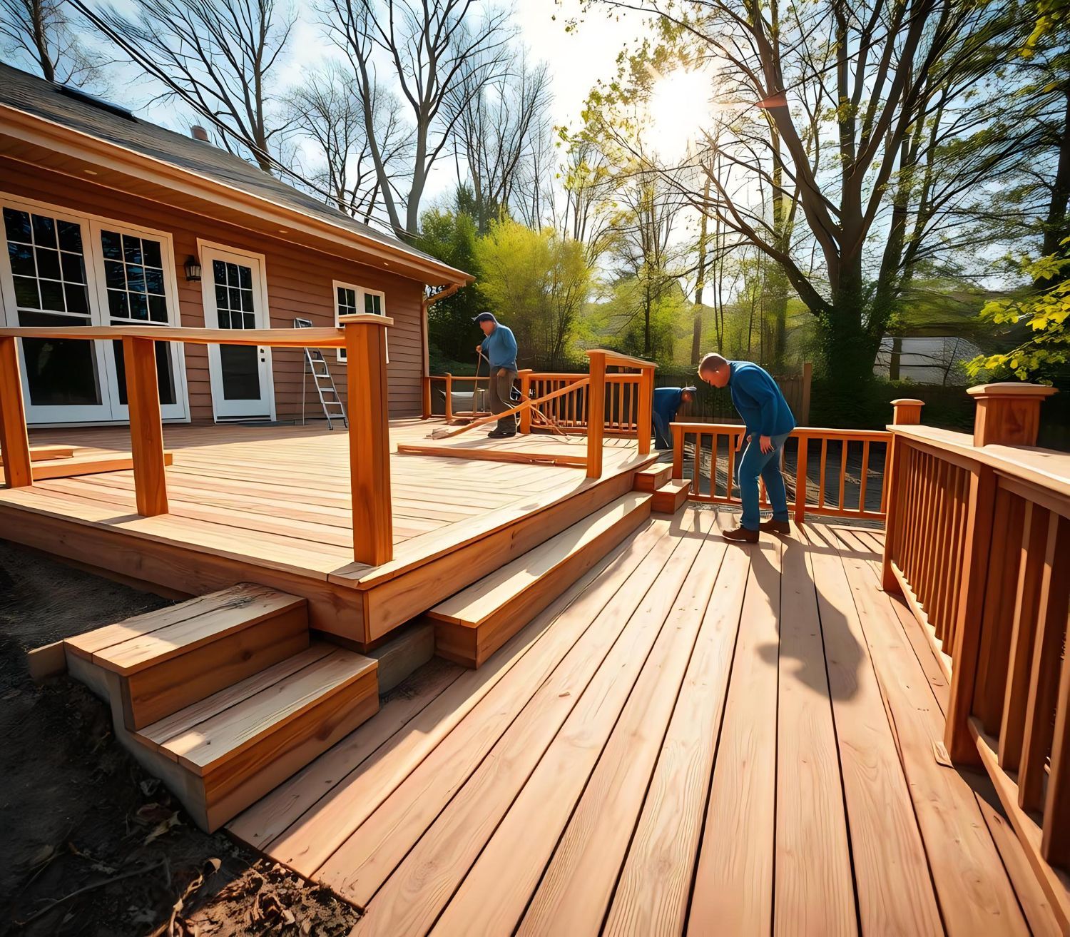 Two men are working on a wooden deck in front of a house