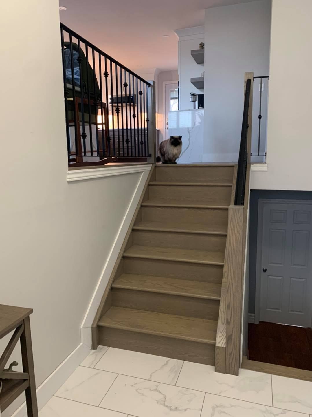 A cat is sitting on top of a set of stairs.