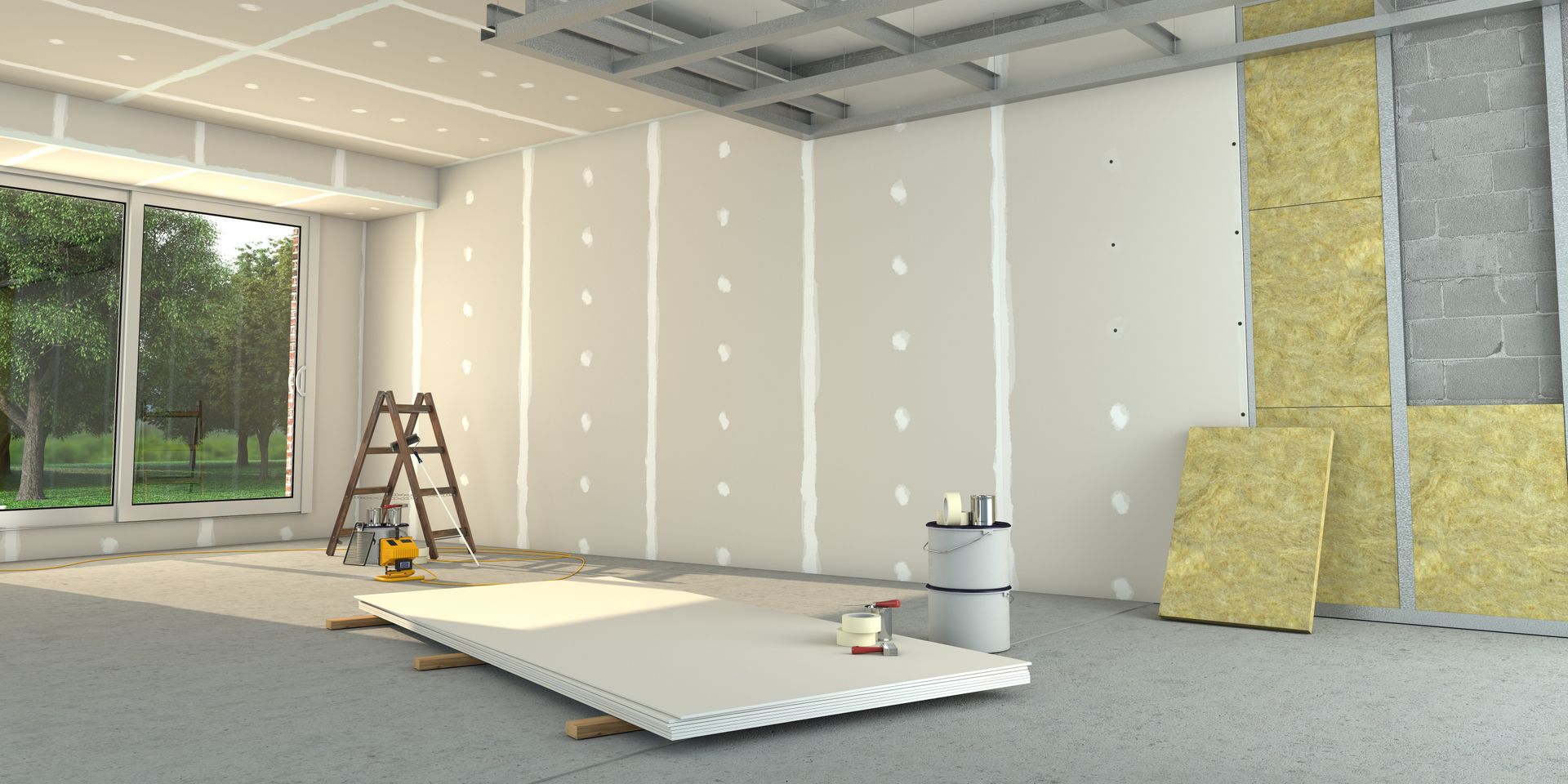 A room is being remodeled with a ladder , a vacuum cleaner , and a large piece of wood.