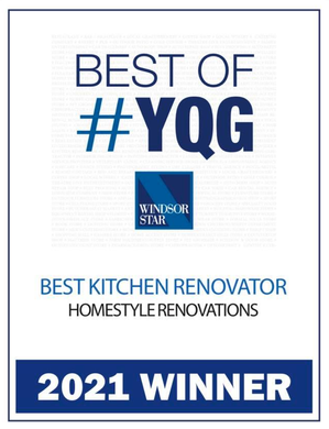 A sign that says best kitchen renovator homestyle renovations 2021 winner.