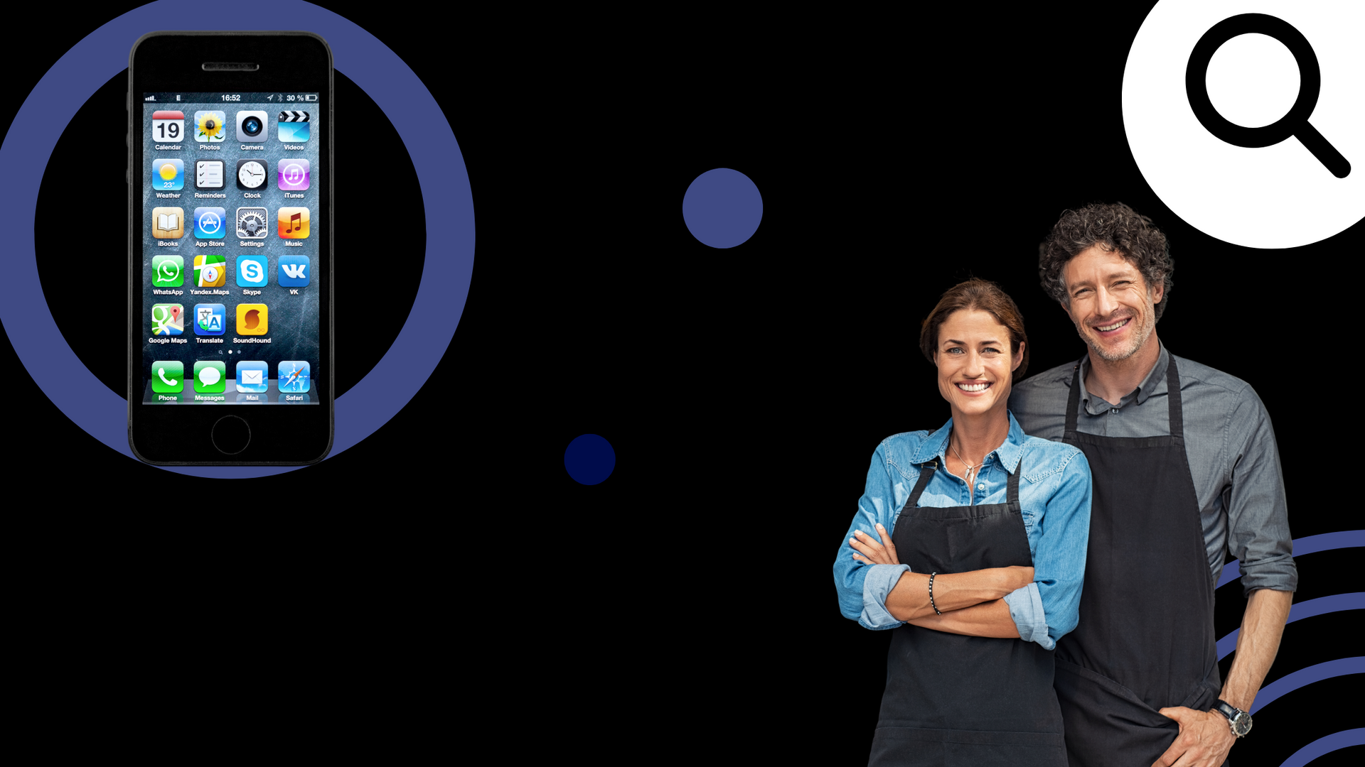 small business owners standing next to iphone