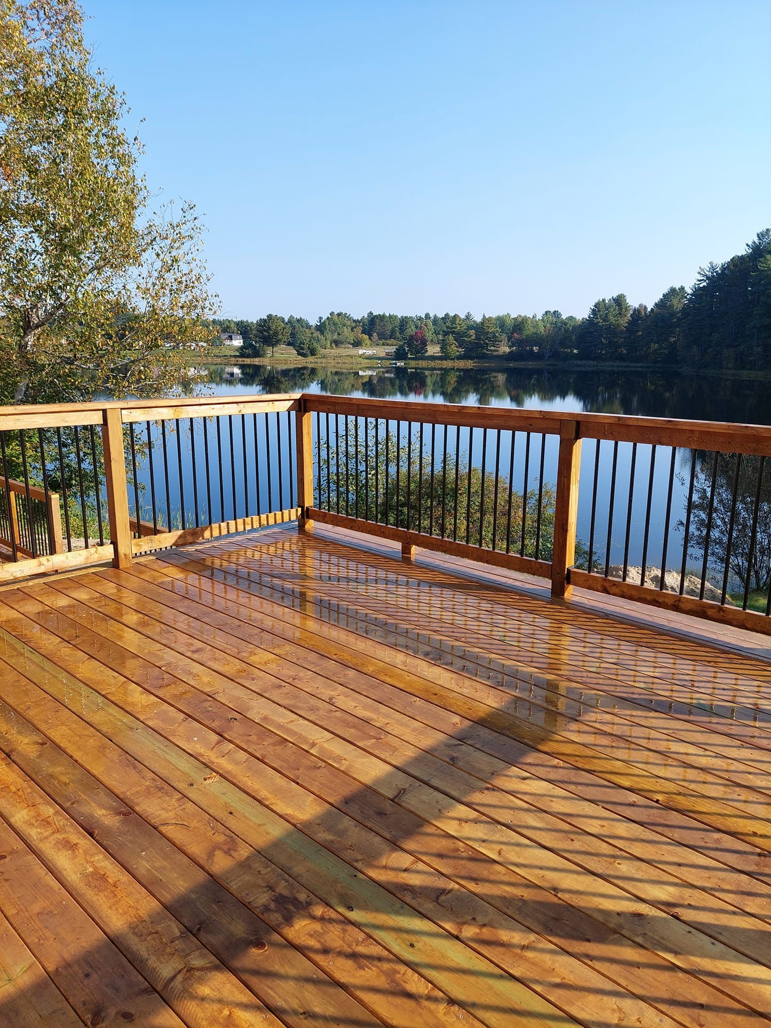 Wooden deck overlooking a calm lake. Brown deck, black railings, clear blue sky.