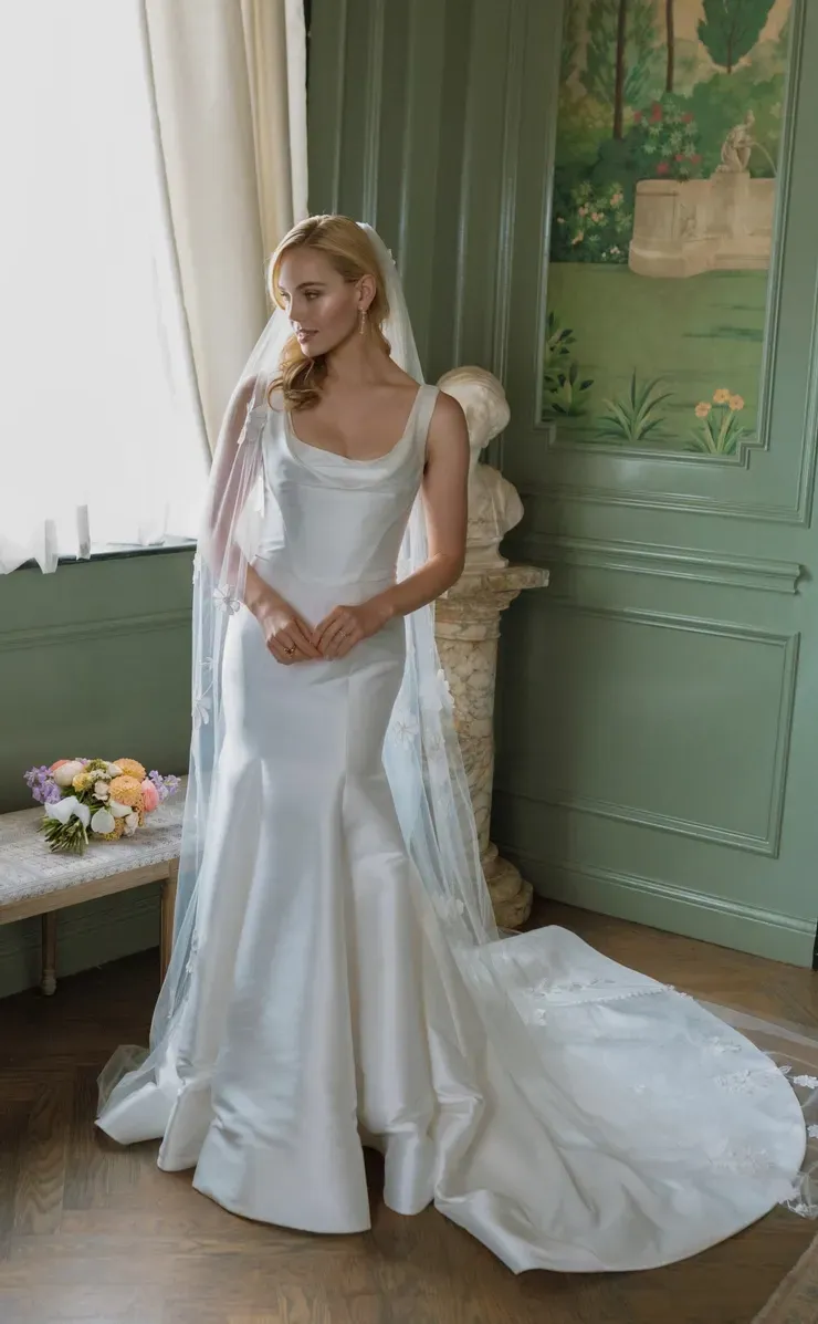 A woman in a white wedding dress and veil is standing in a room.