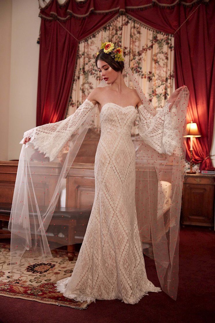A woman in a wedding dress and veil is standing in a room.