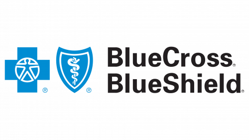 The blue cross blue shield logo has a blue cross and a shield with a caduceus on it.