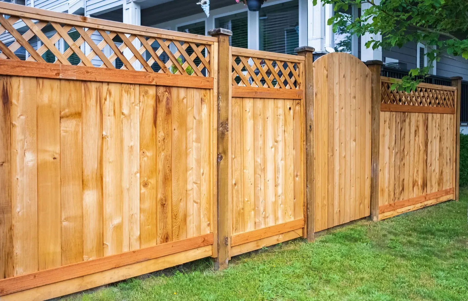 Wooden fence with lattice top and gate in a grassy yard. The wood is light brown.