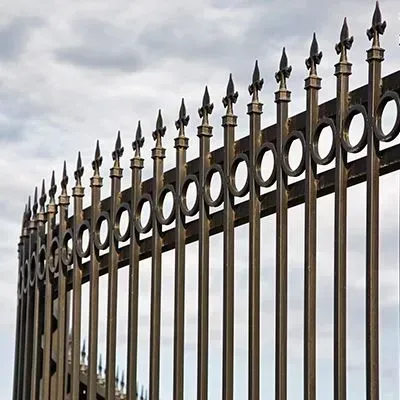 Black wrought-iron fence with fleur-de-lis finials and circular accents against a cloudy sky.